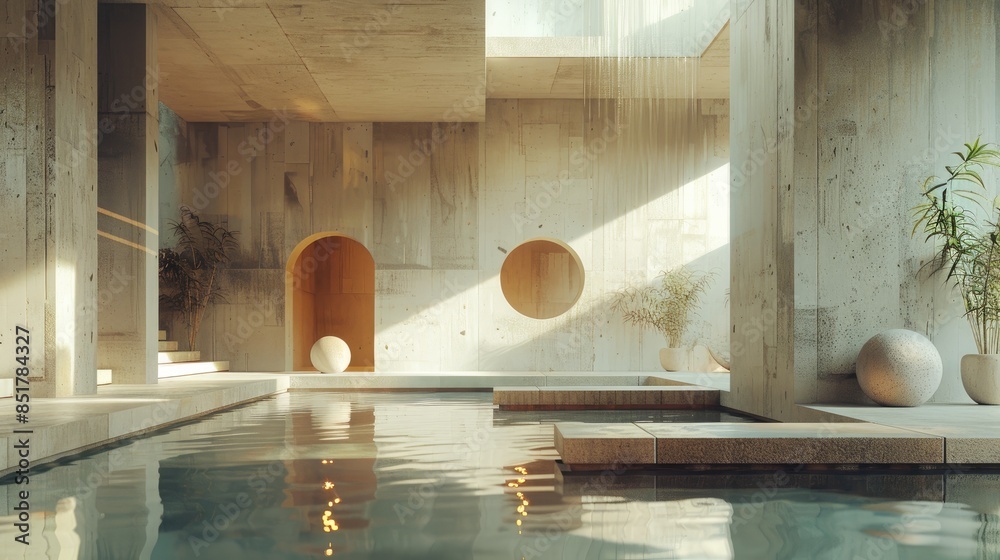 A minimalist interior design with a pool, featuring a large window, a ...