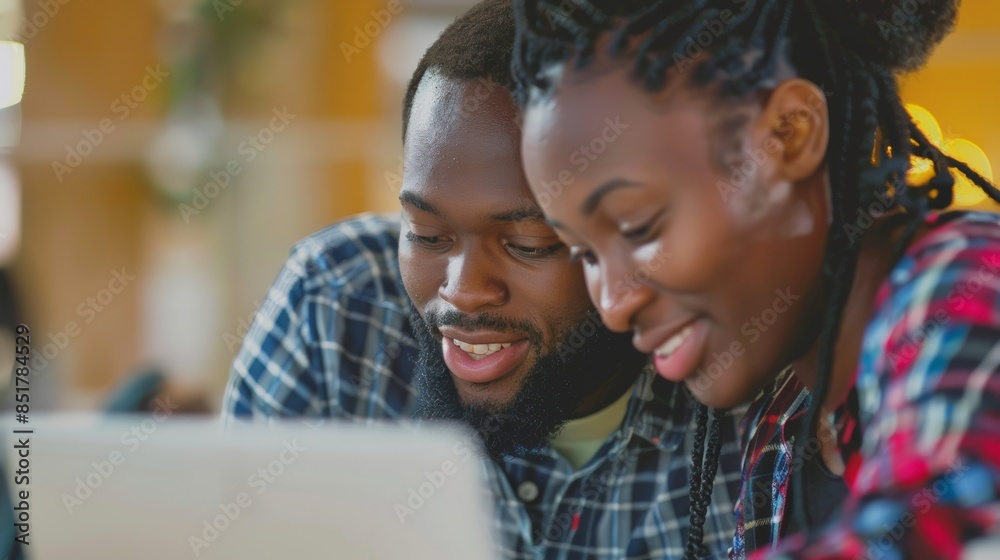Two team members leaning in close to collaborate on a laptop, their heads bent together in concentration Two team members leaning in close to collaborate on a laptop, their heads bent together in concentration