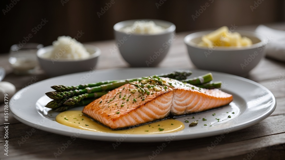 Grilled salmon with asparagus in béchamel sauce Grilled salmon with asparagus in béchamel sauce