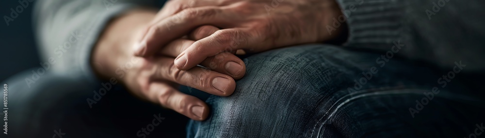 Fototapeta premium Close-up of a person's hands resting on their lap, wearing jeans and a sweater, conveying a sense of contemplation and rest.