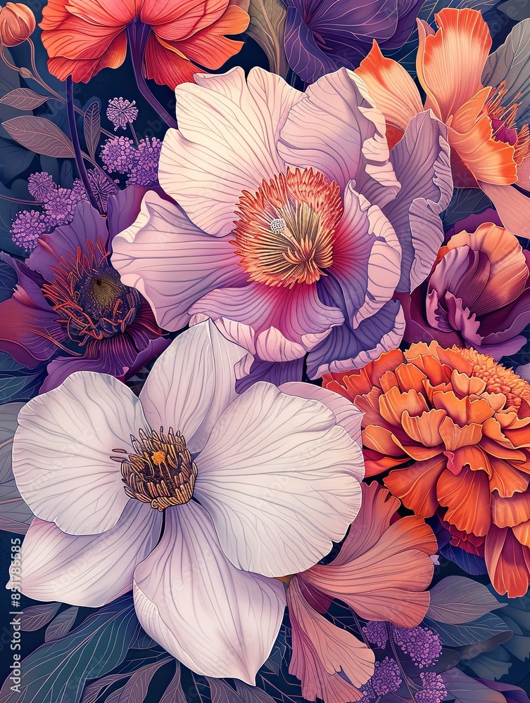 custom made wallpaper toronto digitalIntricate and vibrant illustration featuring a variety of colorful Cattleya orchids in full bloom with lush green leaves.
