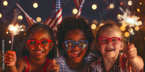 Diverse Group of Black and White Children Joyfully Celebrating 4th of July with Friends, Fireworks, and US Flag
