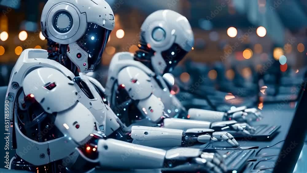 Artificial intelligence robot working at computer in office. IT team, humanoid support center, futuristic worker Artificial intelligence robot working at computer in office. IT team, humanoid support center, futuristic worker