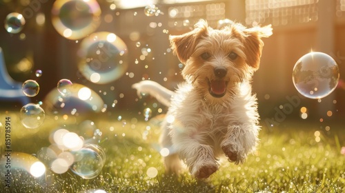 Fototapeta Naklejka Na Ścianę i Meble -  A playful puppy chasing bubbles in a sunny backyard, capturing the joy and energy of the moment.