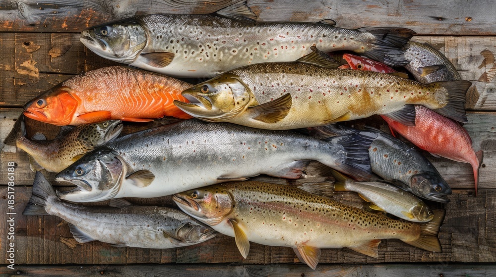 Fresh Fish Variety on Rustic Wooden Background Fresh Fish Variety on Rustic Wooden Background