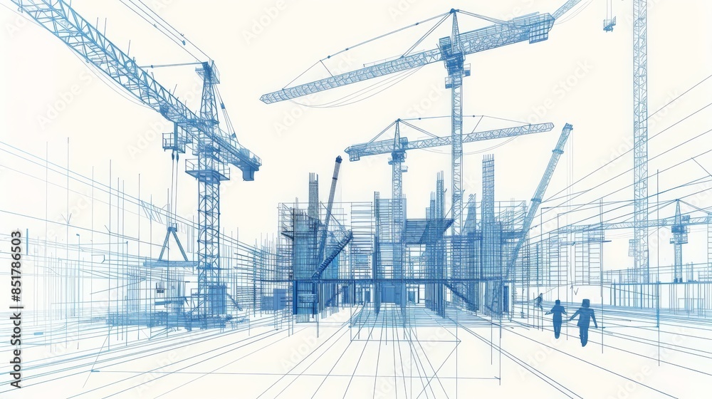 Dynamic construction site with cranes, workers, and an architect, all illustrated in a modern wireframe style Dynamic construction site with cranes, workers, and an architect, all illustrated in a modern wireframe style