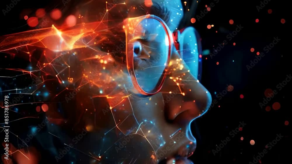 Female technology analyst immersed in a digital world, face illuminated by the glow of futuristic data interface. IT, programming, cyber security Female technology analyst immersed in a digital world, face illuminated by the glow of futuristic data interface. IT, programming, cyber security
