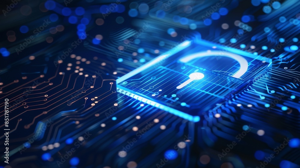 Fototapeta premium A glowing padlock over a digital circuit board, representing cybersecurity, data protection, and information security technology.