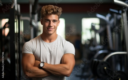  A fit young man in a gym, wearing a black shirt, with his arms crossed, confidently looking at the camera.