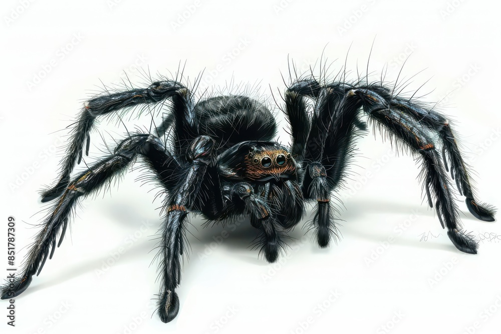 Fototapeta premium A spider clipart, creepy crawler, 3D realistic illustration, black and hairy, isolated on white background