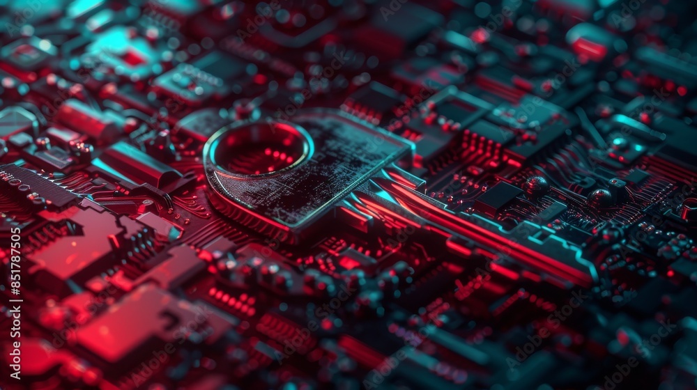 Fototapeta premium A metallic key resting on a vibrant circuit board, symbolizing cybersecurity, encryption, and data protection in a technological setting.