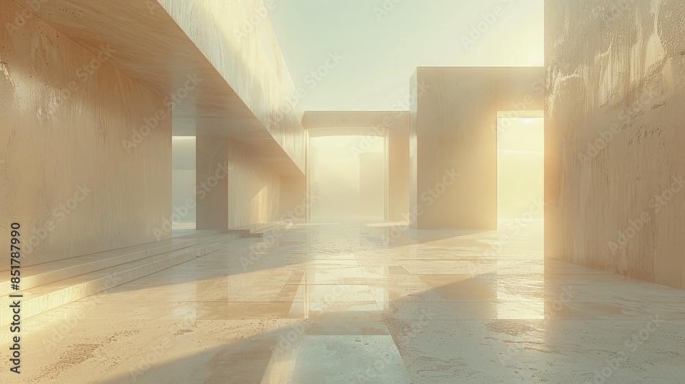 A misty, sunlit concrete corridor with tall pillars leading to an unknown destination. A misty, sunlit concrete corridor with tall pillars leading to an unknown destination.