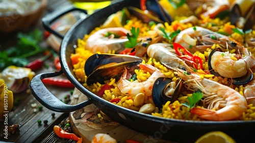paella pan with shrimp and vegetables on a wooden table, accompanied by a yellow lemon and a black handle