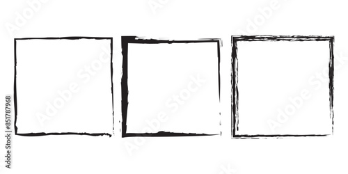 Squared hand drawn borders collections. Grunge square and rectangle frames.  Ink empty black boxes set.   Rubber square stamp imprint. Dirty grungy black photo frame texture. Vector illustration.