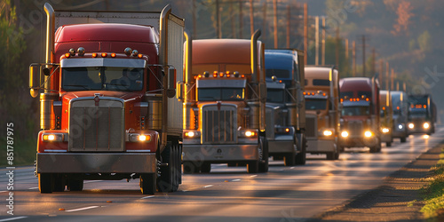Convoy of the different big rigs semi trucks carry cargo in semi trailers running on the divided highway road in both directions