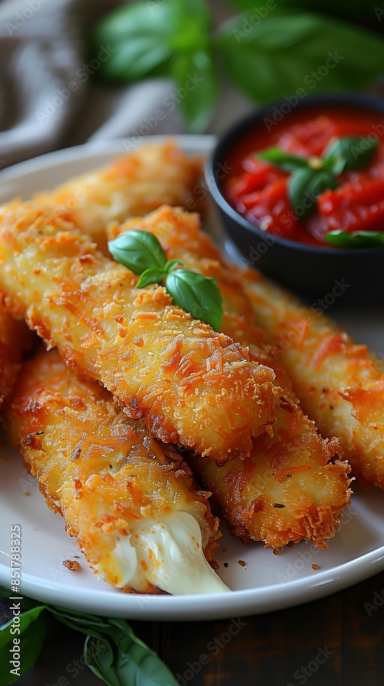 Golden crispy fried mozzarella sticks oozing with melted cheese, served hot on a white plate with a side of marinara sauce for dipping Golden crispy fried mozzarella sticks oozing with melted cheese, served hot on a white plate with a side of marinara sauce for dipping