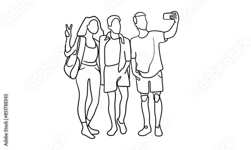 Three friends taking pictures, teenagers hugging continuous line art drawing isolated on white background. Vector illustration