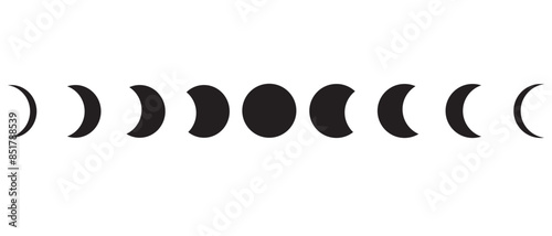 Phases of the Moon. Moon lunar cycle. Night space astronomy and nature moon phases sphere shadow. Moon phases icon circular set in black outline silhouette.  Vector illustration. 