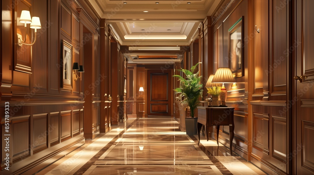 Obraz premium Inviting hotel hallway with warm wooden panels, ambient lighting, and cozy furnishings Conveys a sense of hospitality