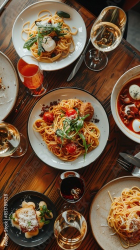 A variety of pasta dishes with garnishes and wine on a wooden dining table, perfect for a gourmet meal