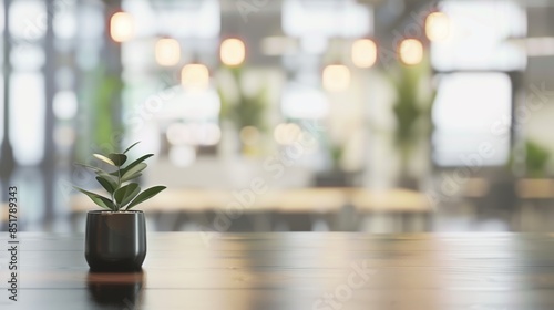 A simple yet stylish image of a small plant on a wooden table with a defocused background