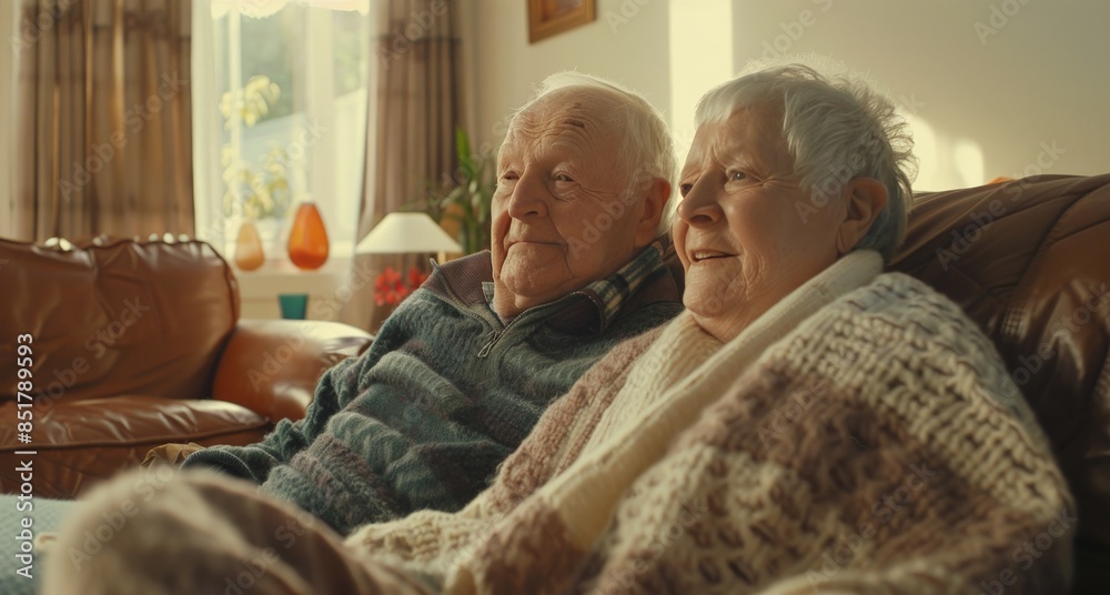 Elderly couple knitting blankets for a charity project in their living room