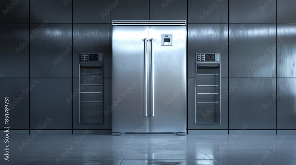 Großer leerer Kühlschrank mit Glühbirne im leeren Fach beleuchtet Generative AI