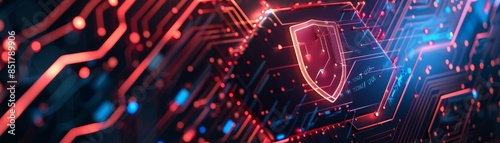 Abstract digital illustration showcasing advanced cybersecurity technology with a shield icon embedded in a futuristic red and blue circuit board.