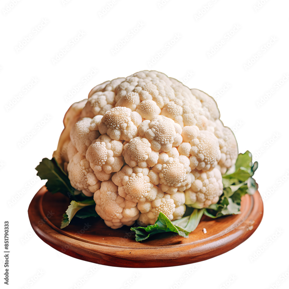 Close-up of a fresh cauliflower head placed on a wooden platter with green leaves surrounding it, isolated on a white background. Close-up of a fresh cauliflower head placed on a wooden platter with green leaves surrounding it, isolated on a white background.