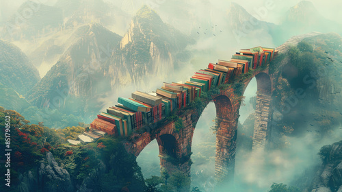 The photo shows a bridge made of books. The bridge is located in a mountainous area and is surrounded by clouds.