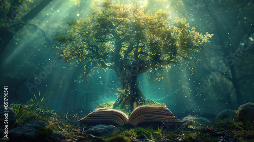 The photo shows an open book with a tree growing out of it. The tree is surrounded by a lush green forest. photo