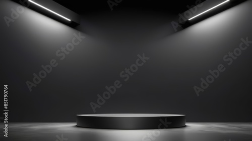 3D podium black with dark background. Black podium or pedestal display on dark background with long platform. Blank product shelf standing backdrop. 3D rendering..  photo