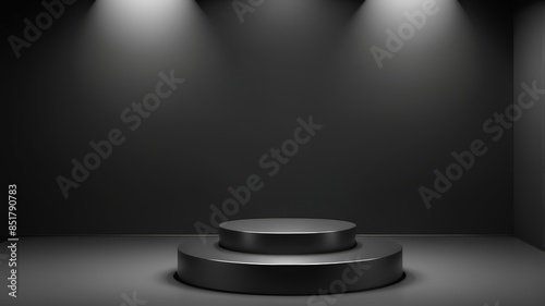 3D podium black with dark background. Black podium or pedestal display on dark background with long platform. Blank product shelf standing backdrop. 3D rendering.. 