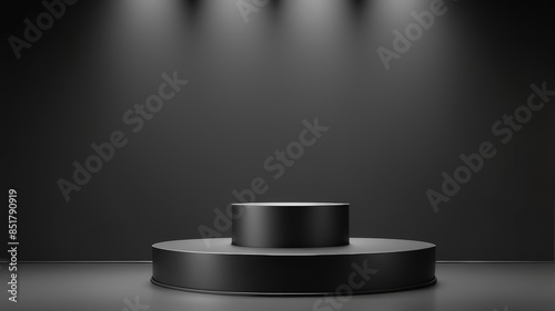 3D podium black with dark background. Black podium or pedestal display on dark background with long platform. Blank product shelf standing backdrop. 3D rendering.. 