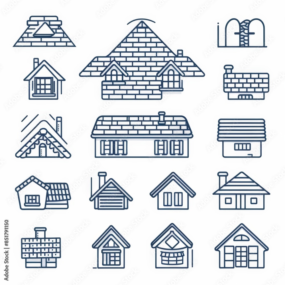 Elegant icons showing various roofing styles from flat roofs to pitched roofs in a thin line design, ideal for architectural and construction projects. Elegant icons showing various roofing styles from flat roofs to pitched roofs in a thin line design, ideal for architectural and construction projects.