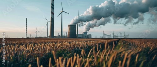 A field of tall grass in the foreground with a hazy sunset sky. Behind the grass are multiple wind turbines, industrial smokestacks, and a power plant emitting large plumes of smoke
