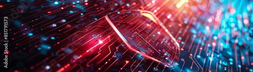 Abstract image of a magnifying glass over a digital circuit board, symbolizing technology, research, and analysis in a vibrant, colorful design.