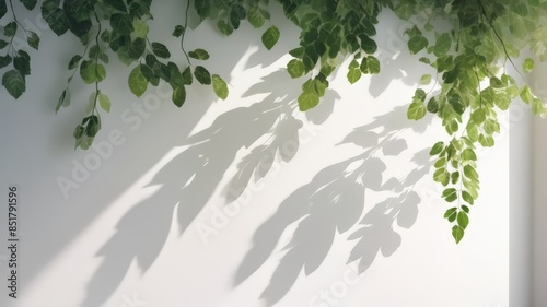 Wallpaper of shadows of green tree leaves on the wall with sunrise sunlight. The shadow of the sun shining through the wood. Light beige wall illuminated by sunlight. 