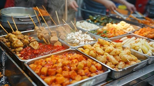 street food stalls display a variety of food items, including a metal tray, a tray, and a white bowl, while a person in a gray and blue shirt looks on © Boraryn
