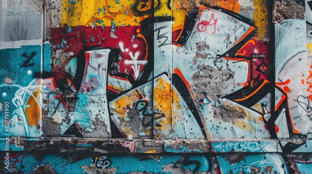 Fototapeta premium Photograph of a concrete wall adorned with intricate graffiti art, showcasing vibrant colors and bold designs
