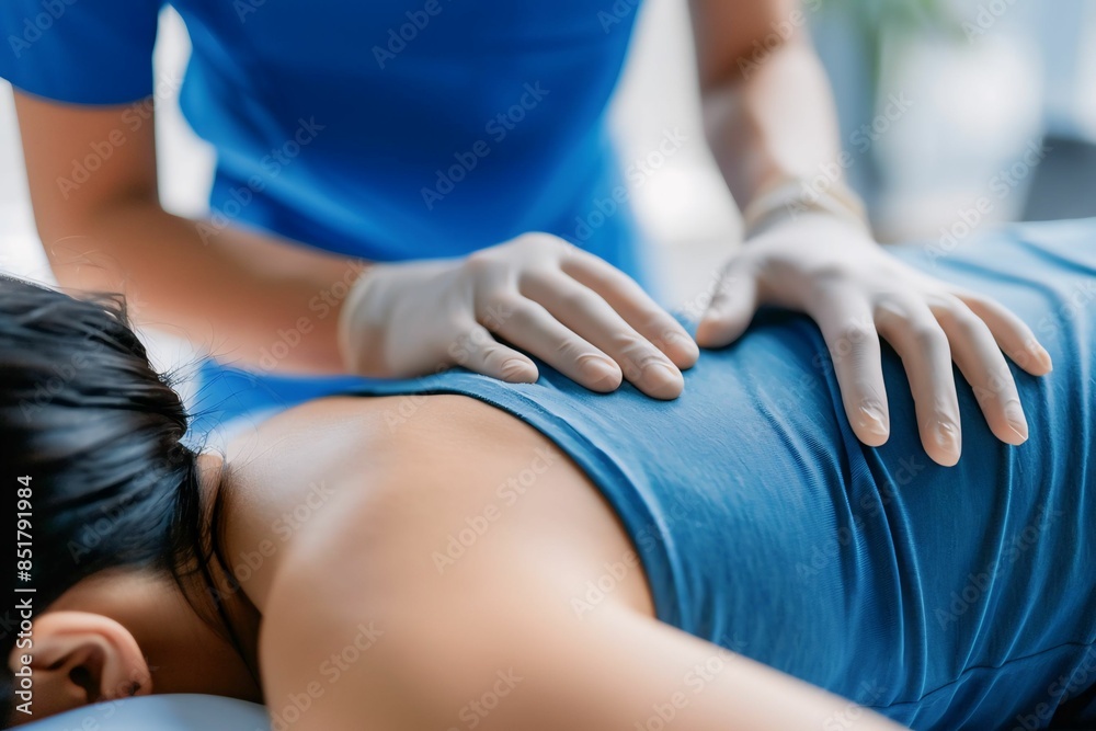 Close-up of a chiropractor's hands performing a spinal adjustment on a patient lying face down, wearing blue scrubs and gloves. Close-up of a chiropractor's hands performing a spinal adjustment on a patient lying face down, wearing blue scrubs and gloves.