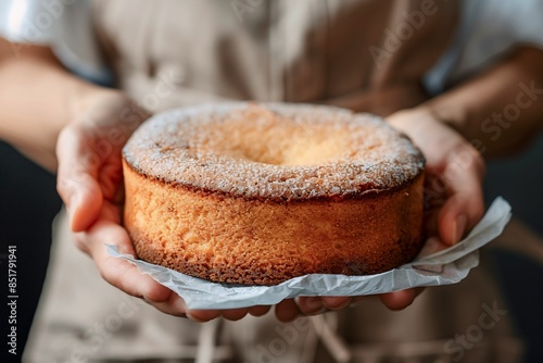 Close-up of a person holding a freshly baked bundt cake, dusted with powdered sugar, showcasing homemade baking and warmth. photo