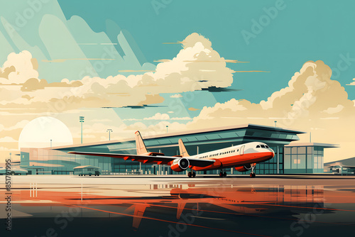 vintage style illusstrated airport during sunset, airport, airtraffic, airplanes photo