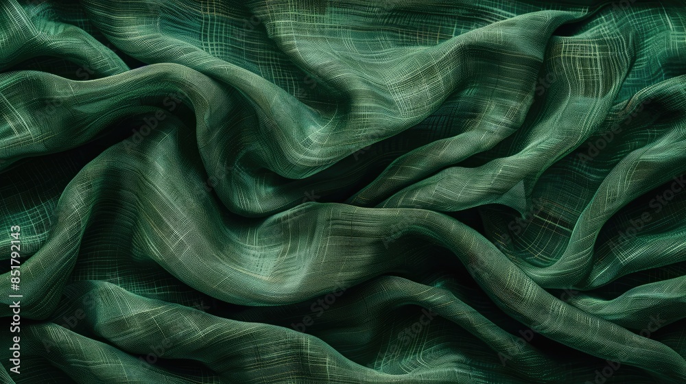 Obraz premium A green fabric with a pattern of lines and swirls. The fabric is rolled up and has a shiny, smooth texture