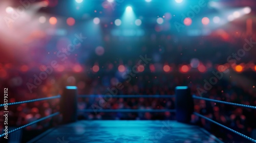 A boxing ring sits empty under bright stage lights, with a crowd visible in the background photo