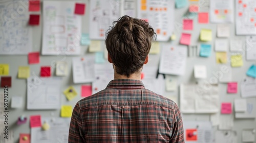 A man stands facing a wall covered in notes and papers. He appears to be contemplating the information presented on the wall