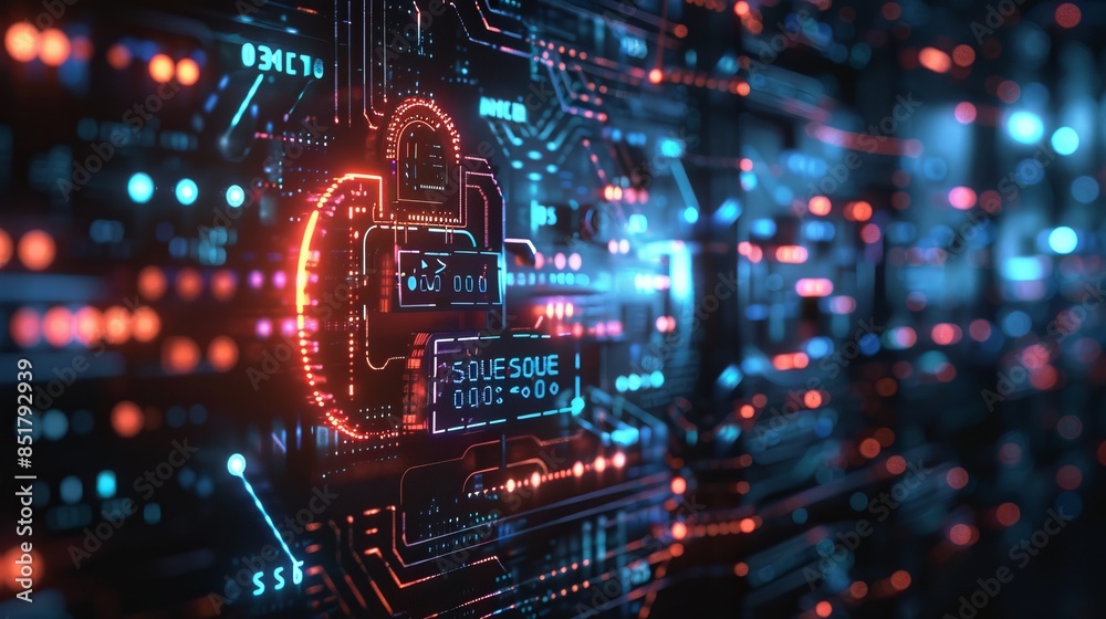 Close-up of a digital circuit board with glowing lights, depicting advanced technology and cybersecurity concepts. Close-up of a digital circuit board with glowing lights, depicting advanced technology and cybersecurity concepts.