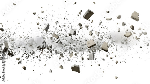 An image of concrete debris exploding in mid-air against a white background