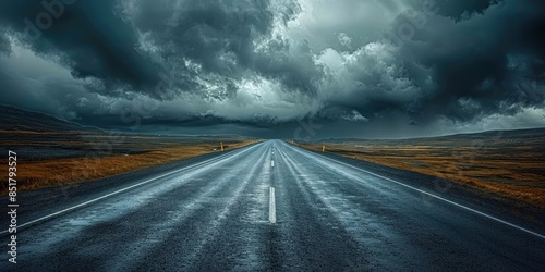 Empty Road Leading Towards Dark Stormy Clouds © Planetz