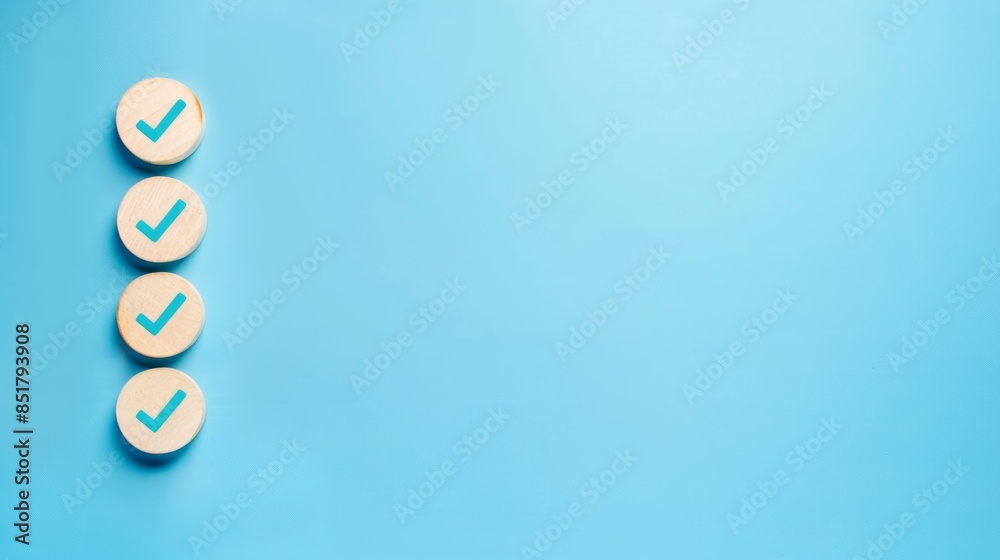 wooden circle with check mark icon on blue background wooden circle with check mark icon on blue background